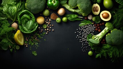 Obraz na płótnie Canvas Top view of healthy organic food: green vegetables, seeds and herbs on dark background