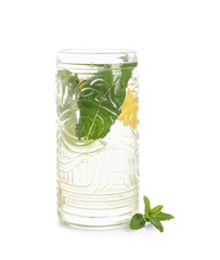 Glass of fresh icy mint tea with lemon isolated on white background