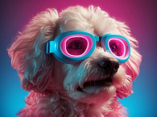 Illustration of petfluencer character Maltese Poodle dog in VR goggles illuminated with pink light against neon blue background. Ai Generative Art