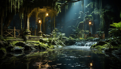 Tranquil scene illuminated tropical rainforest reflects spirituality in nature generated by AI
