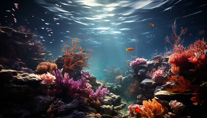 Underwater reef, nature fish, coral animal, deep multi colored beauty generated by AI
