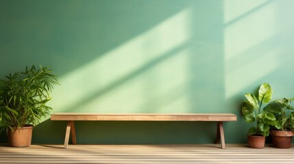 Old wooden table or chair in house with green wall background with sunlight window,