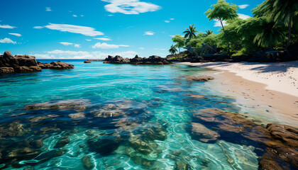 Tropical coastline, turquoise waters, palm trees perfect vacation destination generated by AI