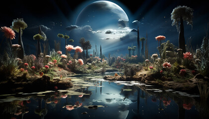 Underwater landscape fish, reef, deep, night, blue, fantasy, illustration generated by AI