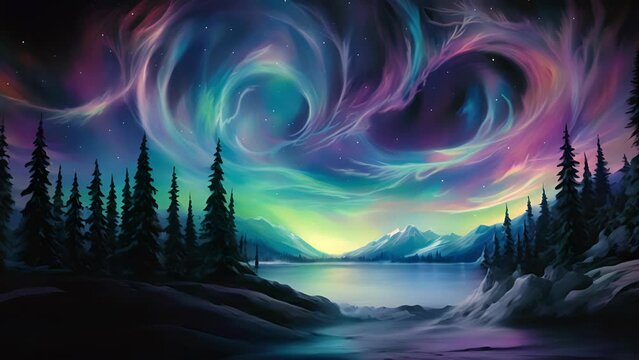 Vibrant streaks of neon purple and blue dance across a dark, velvety sky, painting a mesmerizing aurora borealis. The air is charged with electricity, creating an otherworldly energy.