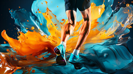 a marathon runner jumping over oil paint