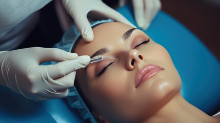 plastic surgery, beauty, Surgeon or beautician touching woman face, surgical procedure that involve altering shape of nose, doctor examines patient nose before rhinoplasty, medical assistance, health - obrazy, fototapety, plakaty
