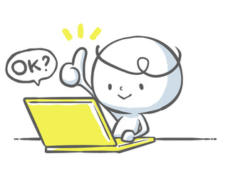 黄色いノートパソコンで作業する白い人