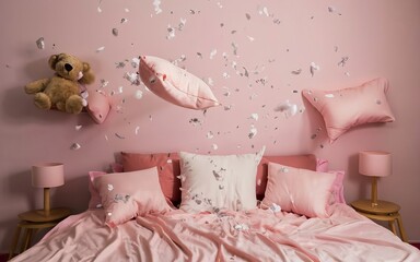 A pillow fight with feathers flying, with pillows, sheets, and teddy bears on the bed, on a pink bedroom background