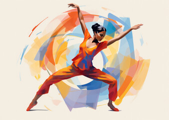 Girl in a orange shirt and blue pants dances in a expressive contemporary style — Gouache painting, natural brush strokes, beautiful illustration