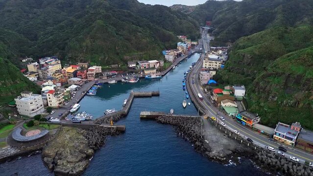 Aerial 4k footage of Bitou fishing harbor. A port in the northeast corner of Taiwan.