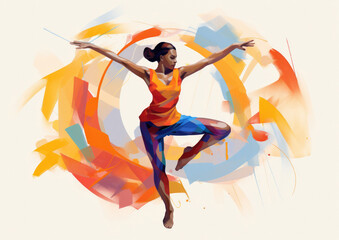 Girl in a orange shirt and blue pants dances in a expressive contemporary style — Gouache painting, natural brush strokes, beautiful illustration