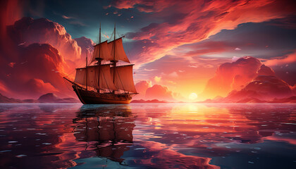 Sailing ship sails on sunset water, nature old fashioned adventure generated by AI - obrazy, fototapety, plakaty