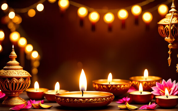 Diwali festival shining diya lights illuminate the darkness of the night, background for diwali day.