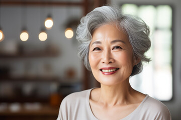 portrait of a smiling senior asian woman at home - obrazy, fototapety, plakaty
