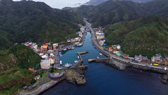 Aerial 4k footage of Bitou fishing harbor. A port in the northeast corner of Taiwan.