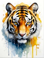watercolor painting, A single yellow line art, a super minimal tiger head, high quality, 8K Ultra HD, masterpiece, Watercolor, wash technique, colorful, A painting with dripping and scattered paint