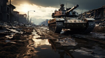 Illustration of a tank passes through a city that has been devastated by war - obrazy, fototapety, plakaty