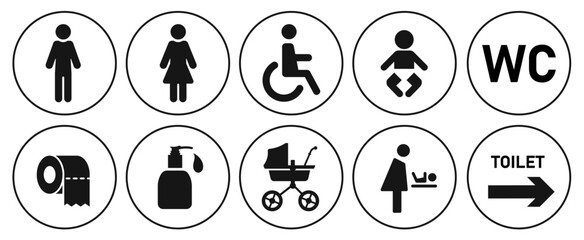 Toilet signs set. Black icons, white background. Male Female Restroom, Handicap wheelchair access. Baby changing room. Cart, toilet paper roll, sanitizer liquid soap, WC direction icon sign vector. 