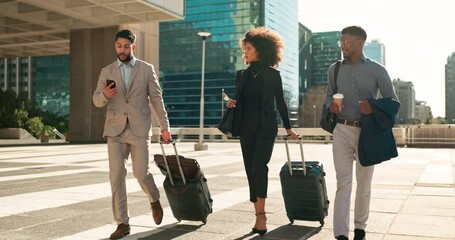 Business people, team walking and travel with suitcase in city for corporate, job opportunity and networking. Professional woman and men talking at outdoor hotel or on the way to airport with luggage - Powered by Adobe