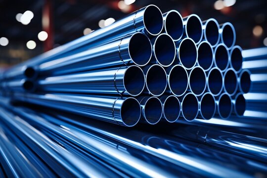 Steel pipes stacked together  In a factory or warehouse, steel structure production industry, blurred background, steel production factory