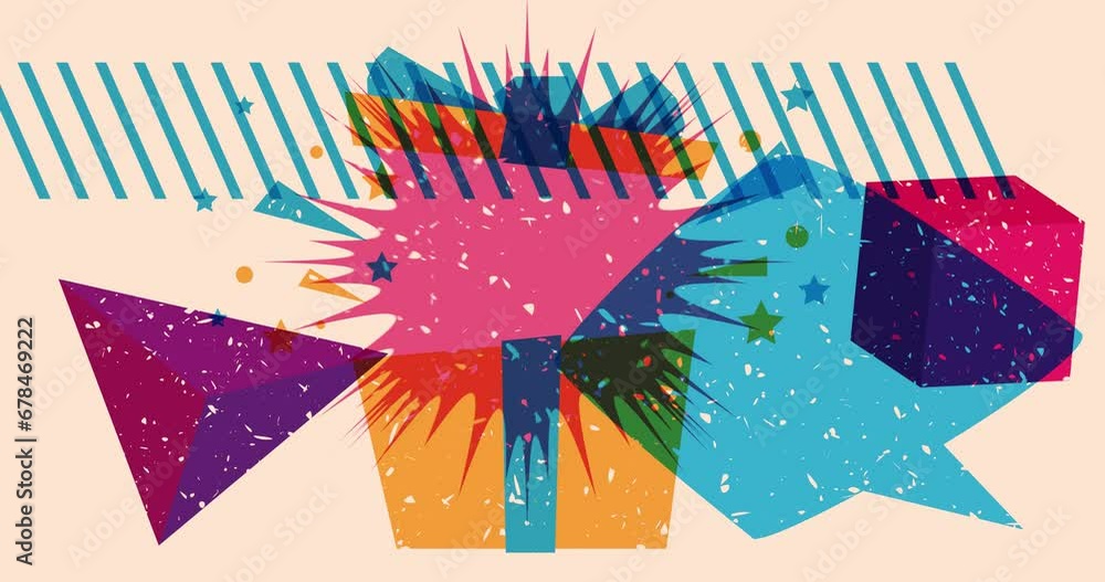 Poster risograph gift box with speech bubble and geometric shapes animation. moving holiday object in trend