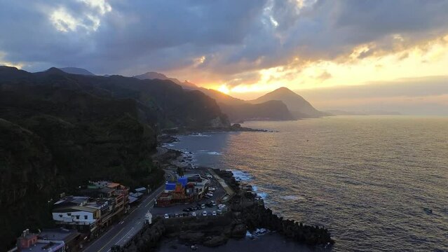 Aerial 4k footage of Bitou cape during sunset, northeast corner, Ruifang, Taiwan.