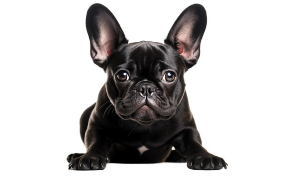 Portrait Charming and Lovable French Black Bulldog is Sitting Isolated on Transparent Background PNG.