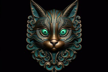 2D cat metal relief with glowing eyes. Generative AI