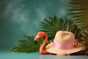 Pink flamingo with hat and palm leaf on summer background. Generative AI