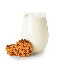 Tasty cookies with chocolate chips and glass of milk on white background