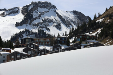 Stoos, Switzerland - April 12, 2022: Mountain village Stoos in Switzerland, in winter.