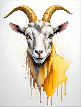 watercolor painting, A single yellow line art, a super minimal goat head, high quality, 8K Ultra HD, masterpiece, Watercolor, wash technique, colorful, A painting with dripping and scattered paint