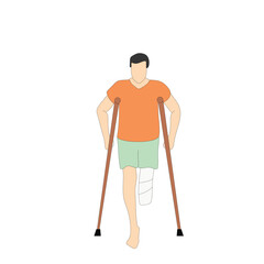 Smiling one-legged man or boy with amputated legs standing or walking with crutches. Happy male cartoon character with physical disability or impairment.