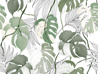 Foliage seamless pattern, Monstera Albo leaves and palm leaves on white