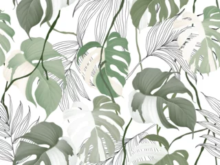 Fotobehang Foliage seamless pattern, Monstera Albo leaves and palm leaves on white © momosama