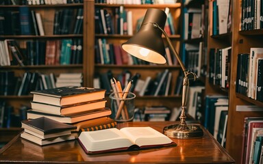 A library session with books, glasses, and bookmarks, with a lamp, a pen, and a library card on the desk, on a brown library background