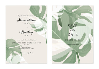 Brown greenery Monstera leaves wedding invitation