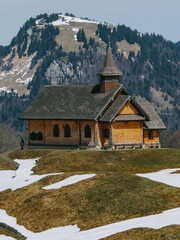 Fototapeta na wymiar Small wooden church in village of Stoos in canton of Schwyz in Switzerland.