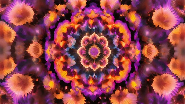 cosmic flowers sway move sync, their energy creates mesmerizing kaleidoscope shapes colors. Each bloom represents different aspect zodiac, from bold ambitious energy Aries