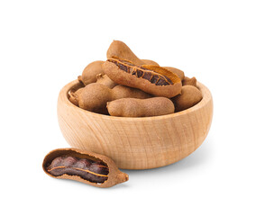 Bowl of tasty tamarinds on white background