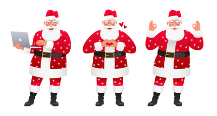 Set of three happy Santa Claus. An old Santa with glasses and a laptop, shows the OK gesture, lovingly folded his palms in the shape of a heart.