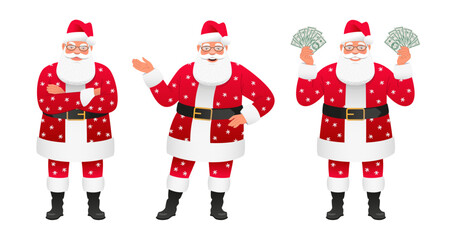 Santa is standing dissatisfied with his arms crossed, pointing at something, holding a bunch of cash dollars in his hands.