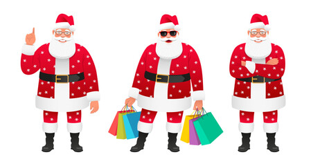 An elderly man in a Santa Claus costume is standing with his arms crossed, with paper bags in his hands after shopping, pointing at something.