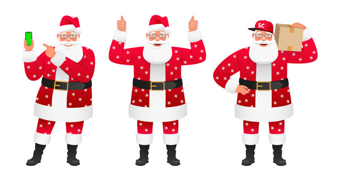 Collection of three funny Santa Claus. Bearded Santa points to his smartphone, shows a like gesture. Delivery guy in a Santa costume with a box.