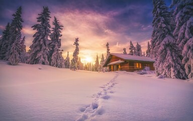 A snowy landscape with footprints leading towards a warmly lit cabin, creating a sense of holiday tranquility