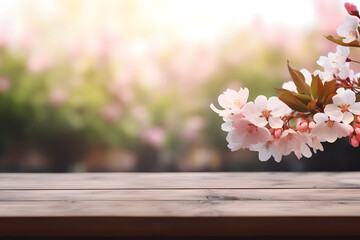 Pink flowers on a Wooden table with a blurred garden background and empty space for text. Background for product presentation.
