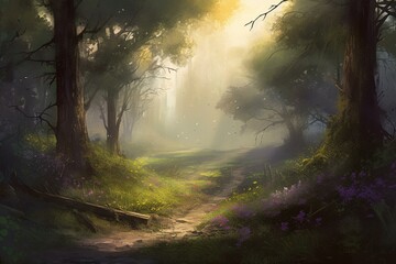 An artwork depicting a forest with flowers and trees in both the background and foreground, along with a path leading to the forest. The sky is foggy with sunlight. Generative AI