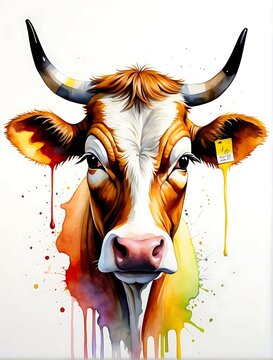 watercolor painting, A single yellow line art, a super minimal cow head, high quality, 8K Ultra HD, masterpiece, Watercolor, wash technique, colorful, A painting with dripping and scattered paint
