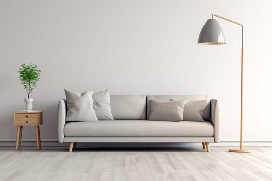 Minimalistic living room with a sofa against a white wall, featuring a lamp and ample copy space. Generative AI